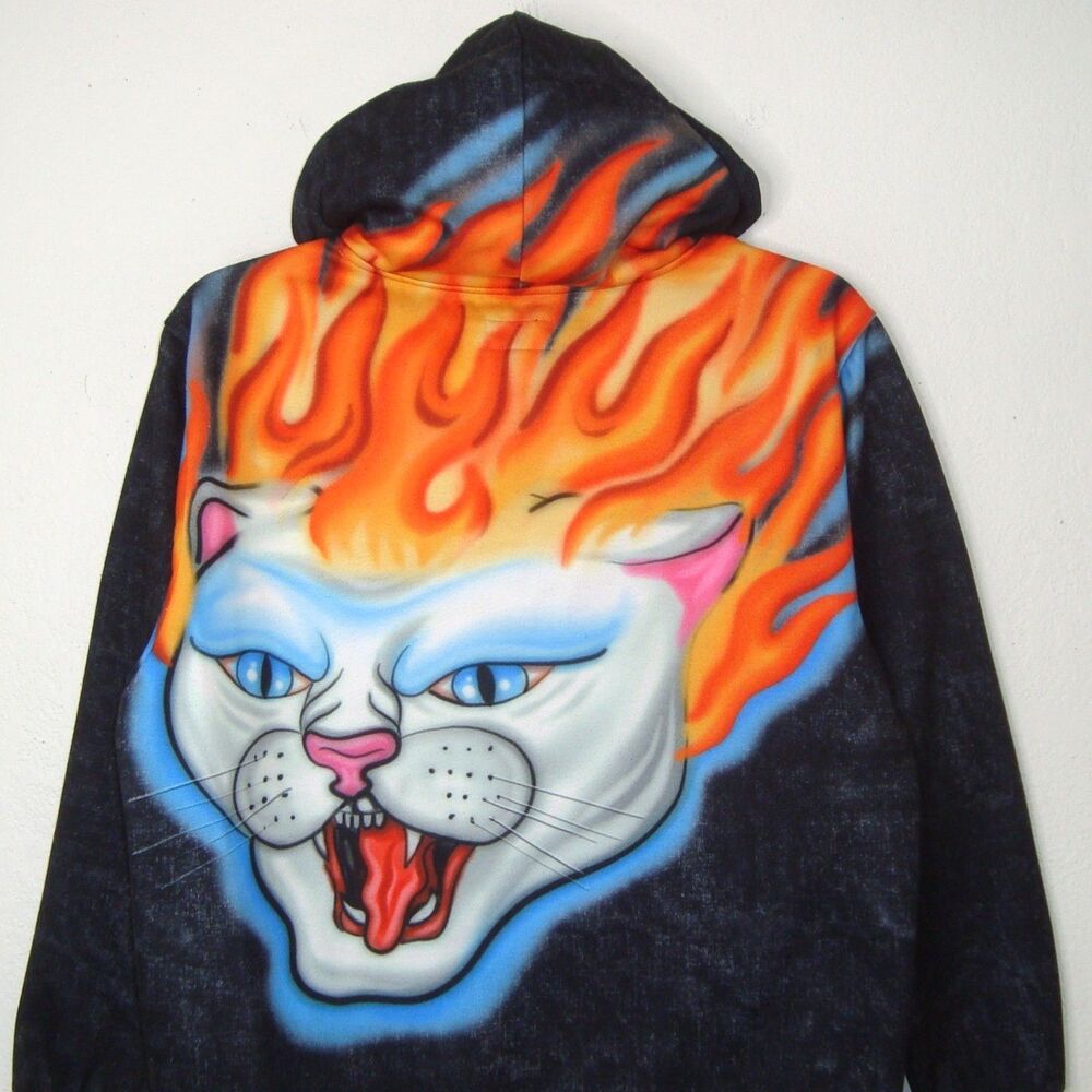 Nwot Ripndip Hoodie Sweatshirt Hell Ride Flame Airbrush Cat Gray Pullover Size M